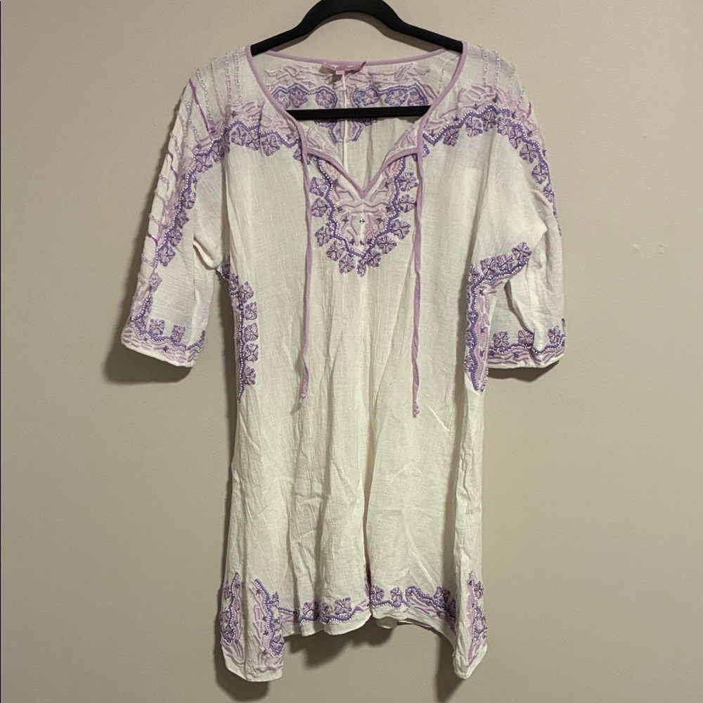 Calypso St. Barth White Tunic with Purple Embroidery
